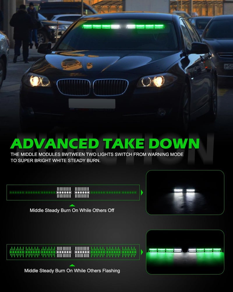 HLauto 604N Emergency Dash Strobe Lights: 2x16.8 inch Green Security Light w/Take Down, 48 LED Safety Flashing Warning Hazard Interior Windshield Light Bar for Truck Vehicle - Image 3